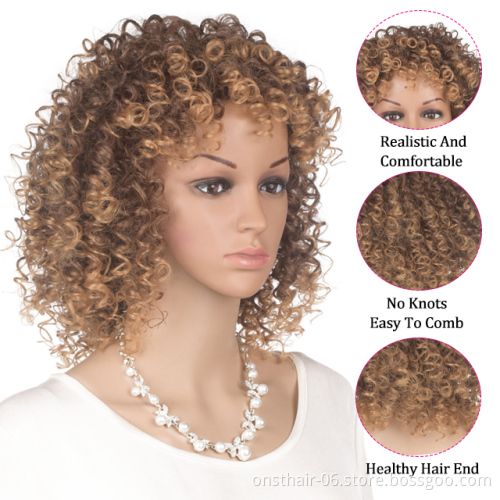 T27/33 Color 14'' Short Afro Curly Hair Wig With Bangs Heat Resistant Fiber Kinky Curly Synthetic Hair Wigs For American African